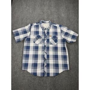 Orvis Mens Blue Plaid Short Sleeve Button-Up Shirt With Chest Pockets Classic Fi